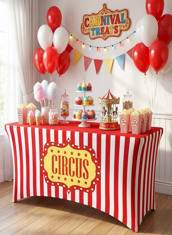 Moukeren 6ft Carnival Tablecloth Stretch Spandex Table Cover Red and White Striped Spandex Tablecloth Carnival Circus Party Table Decoration for Standard Folding Tables Party (Summer) - Image 5