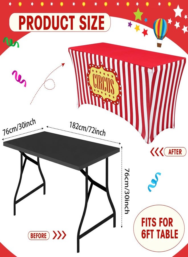 Moukeren 6ft Carnival Tablecloth Stretch Spandex Table Cover Red and White Striped Spandex Tablecloth Carnival Circus Party Table Decoration for Standard Folding Tables Party (Summer) - Image 2