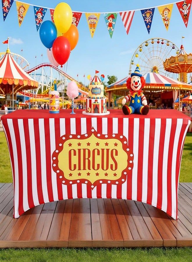 Moukeren 6ft Carnival Tablecloth Stretch Spandex Table Cover Red and White Striped Spandex Tablecloth Carnival Circus Party Table Decoration for Standard Folding Tables Party (Summer) - Image 4