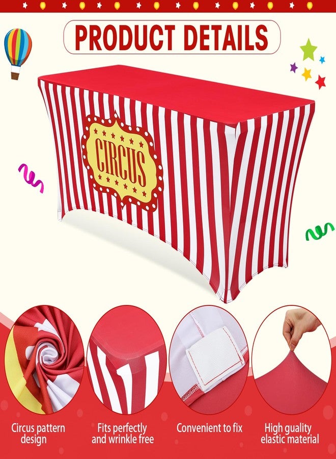 Moukeren 6ft Carnival Tablecloth Stretch Spandex Table Cover Red and White Striped Spandex Tablecloth Carnival Circus Party Table Decoration for Standard Folding Tables Party (Summer) - Image 3