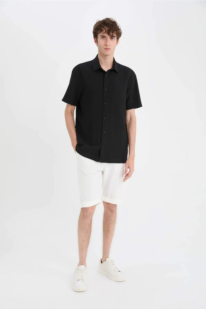 ديفاكتو Regular Fit Polo Neck Crinkle Summer Black Shirt