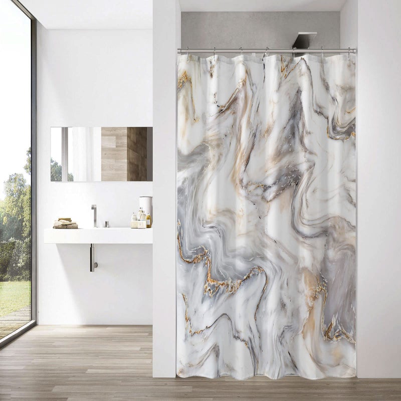 MitoVilla Small Stall Shower Curtain 36 x 72 Grey Gold Half Size Narrow Shower Curtains for Modern Abstract Bathroom Decor 36 inch Fabric Shower Curtain Set with Hooks