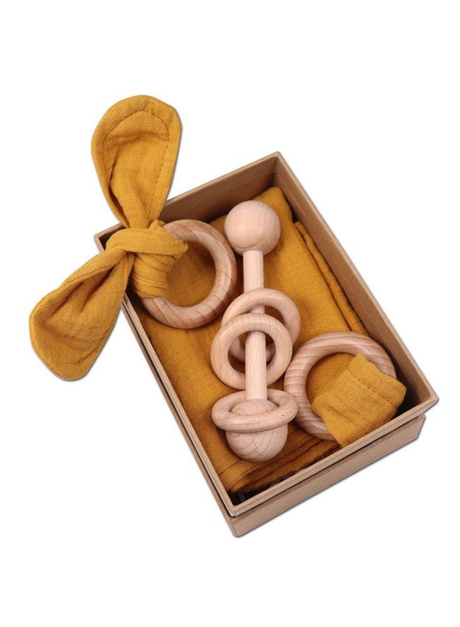 TANOFAR Baby Lovey, Wood Rattle, Teether Ring, 3 Pack Montessori Gift, Ginger, 100% Cotton, Double Gauze, Baby Girl Shower Gift - Image 1