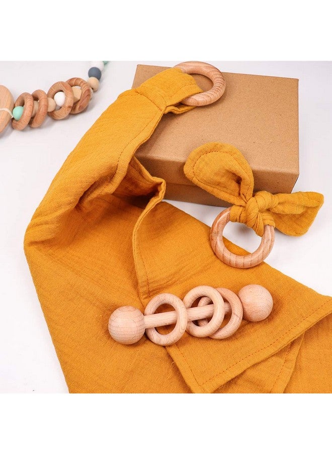 TANOFAR Baby Lovey, Wood Rattle, Teether Ring, 3 Pack Montessori Gift, Ginger, 100% Cotton, Double Gauze, Baby Girl Shower Gift - Image 2