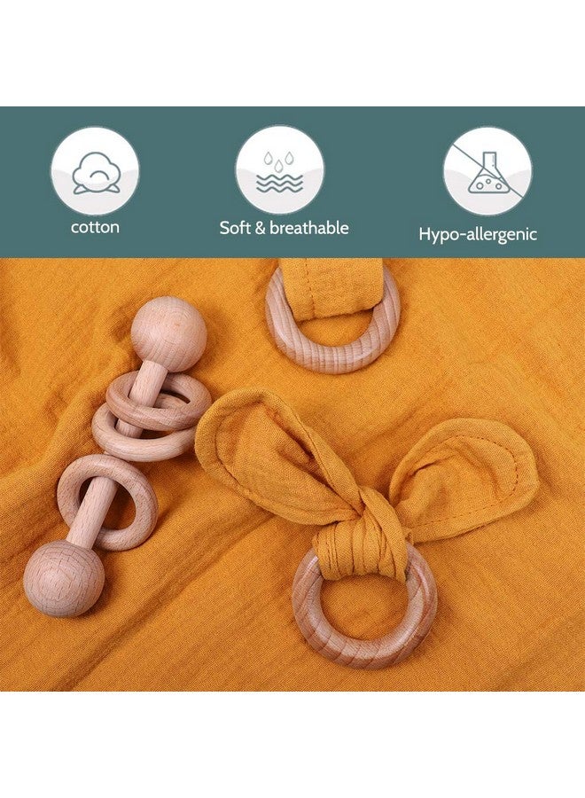 TANOFAR Baby Lovey, Wood Rattle, Teether Ring, 3 Pack Montessori Gift, Ginger, 100% Cotton, Double Gauze, Baby Girl Shower Gift - Image 3