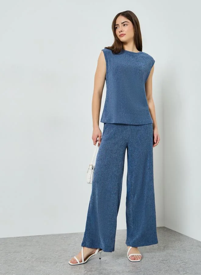 Styli Blue Textured Crepe Knit Top