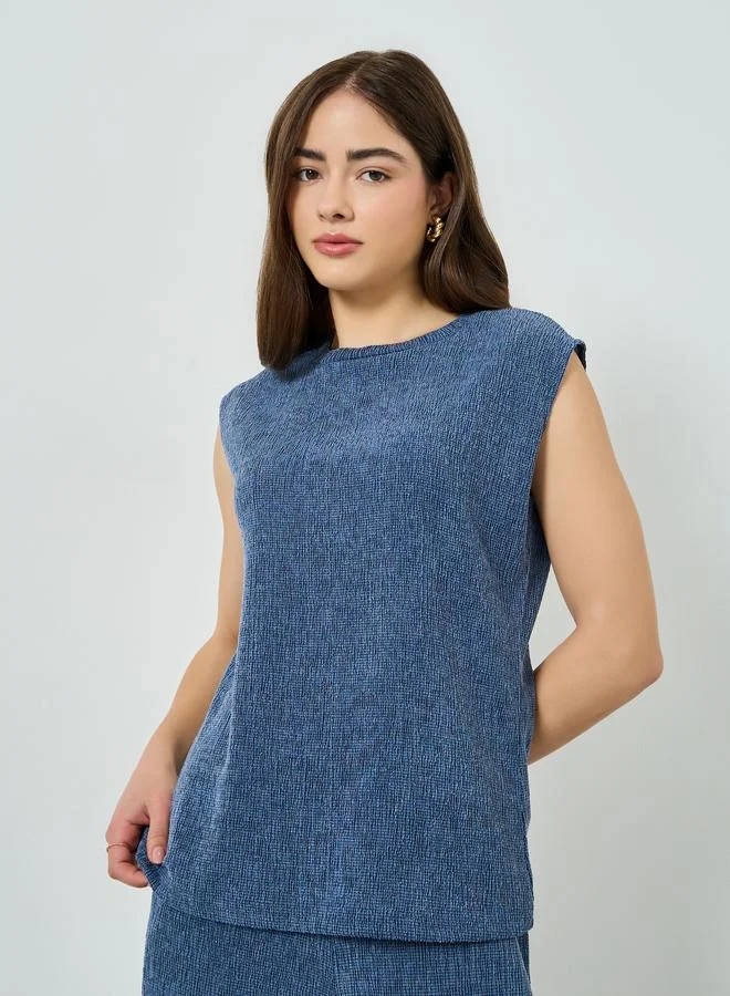 Blue Textured Crepe Knit Top
