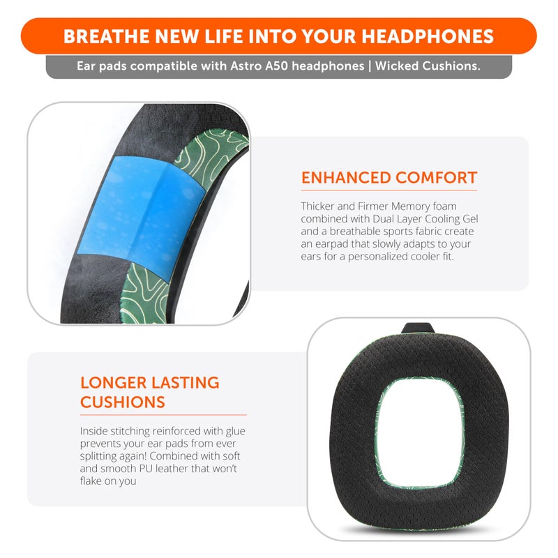WC Mod Kit A50 - Cooling Gel Earpads + Headband Replacement for Astro A50 Gen 4, Gen 5 & A50X by Wicked Cushions | Enhanced Comfort, Cooling & Durability | Emerald Tide - Image 4