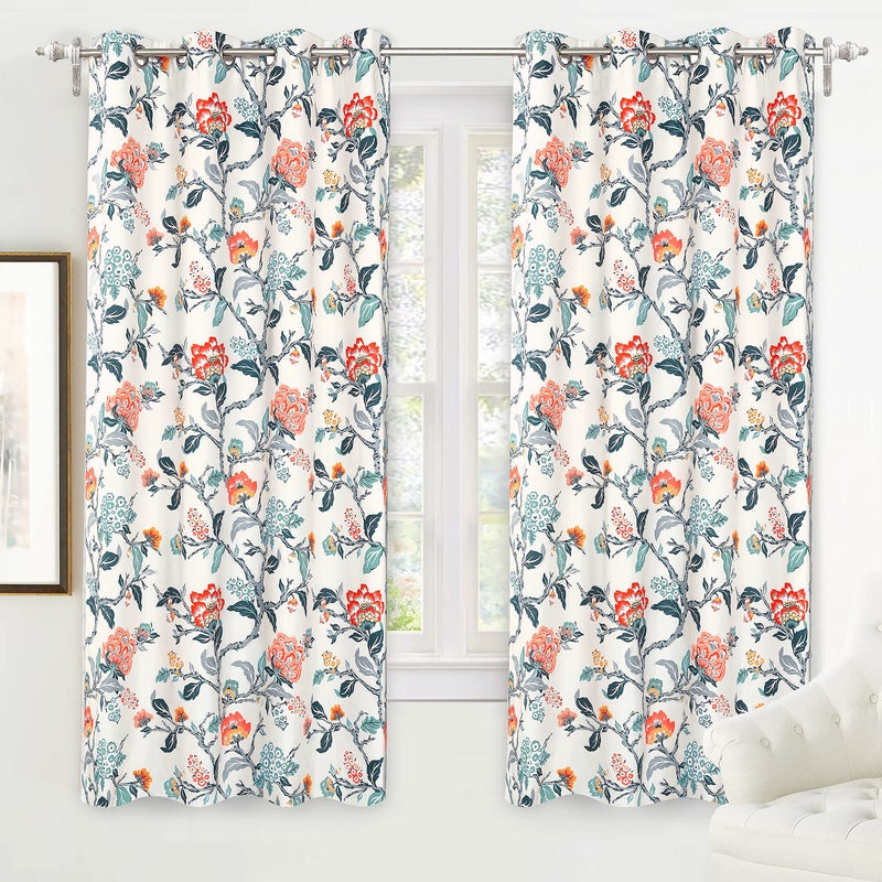 DriftAway Ada Floral Botanical Print Flower Leaf Lined Thermal Insulated Room Darkening Blackout Window Curtains 2 Layers Set of 2 Panels Each 52 Inch by 72 Inch Ivory Orange Teal