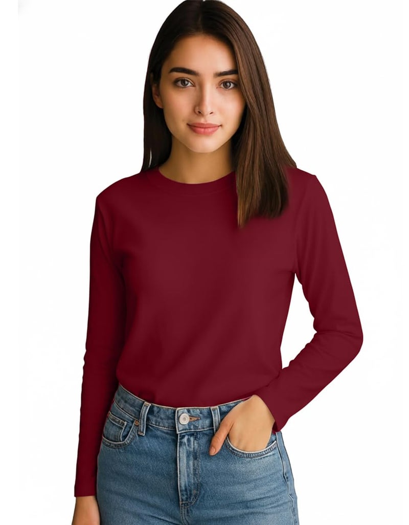JUNEBERRY® Pure Cotton Round Neck Regular Fit Core Fashion Solid Full Sleeve T-Shirt for Women & Girls (JB_FS_REG_MRN_L) Maroon - Image 1