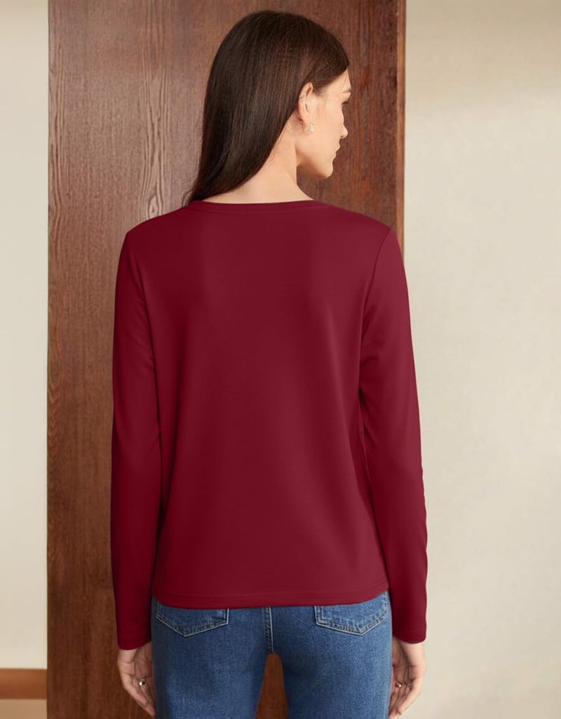 JUNEBERRY® Pure Cotton Round Neck Regular Fit Core Fashion Solid Full Sleeve T-Shirt for Women & Girls (JB_FS_REG_MRN_L) Maroon - Image 5