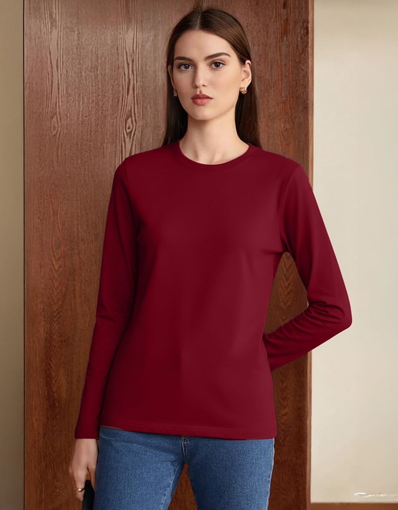 JUNEBERRY® Pure Cotton Round Neck Regular Fit Core Fashion Solid Full Sleeve T-Shirt for Women & Girls (JB_FS_REG_MRN_L) Maroon - Image 3