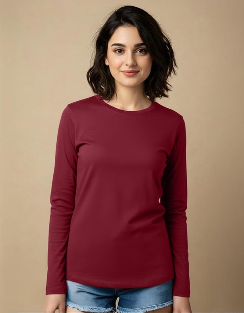 JUNEBERRY® Pure Cotton Round Neck Regular Fit Core Fashion Solid Full Sleeve T-Shirt for Women & Girls (JB_FS_REG_MRN_L) Maroon - Image 2