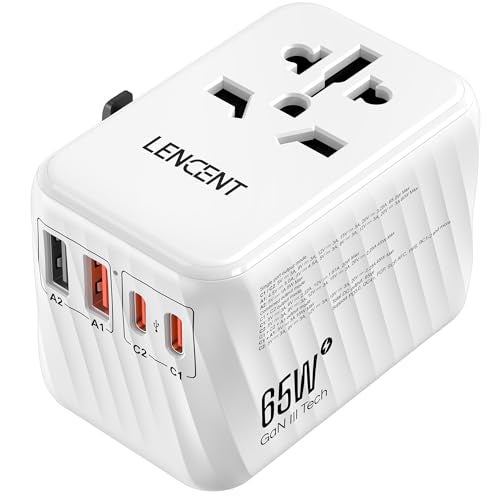 LENCENT Universal Travel Adapter 65W GaN International Fast Charger with 2 PD30 Type C2 QC USB A Worldwide Power Adaptor for PhonesLaptops All in One Travel Essentials for EUUSAUKAU White - Image 1