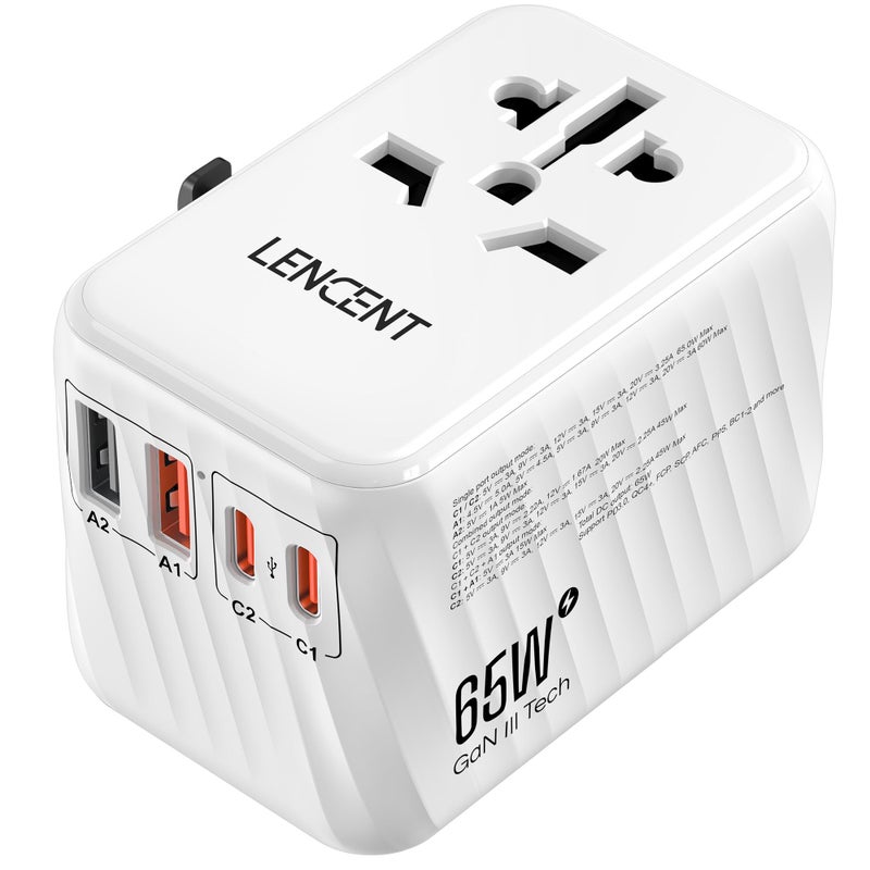 LENCENT Universal Travel Adapter 65W GaN International Fast Charger with 2 PD30 Type C2 QC USB A Worldwide Power Adaptor for PhonesLaptops All in One Travel Essentials for EUUSAUKAU White - Image 2