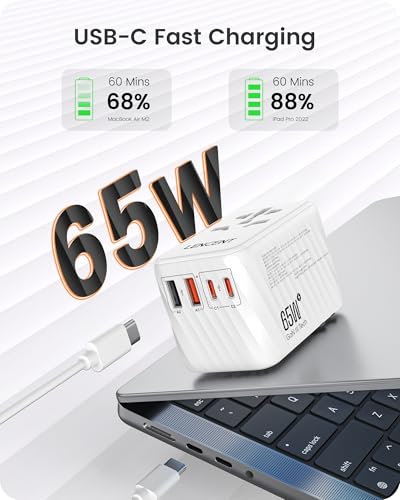LENCENT Universal Travel Adapter 65W GaN International Fast Charger with 2 PD30 Type C2 QC USB A Worldwide Power Adaptor for PhonesLaptops All in One Travel Essentials for EUUSAUKAU White - Image 3