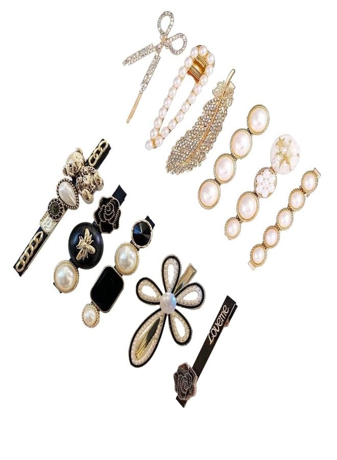 S SMITEX Smitex Korean Fashion Style Pearl Rhinestone Metal Hair Clips Hair Pin Stylish Hair Accessories Jewellery For Women's And Girls (Pack Of 11), Black And White - Image 1