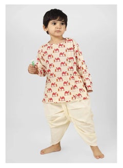 Polka Tots Polka Tots Full Sleeves Camel Print Angrakha Top With Dhoti - Cream (9M - 12M)  - Image 3