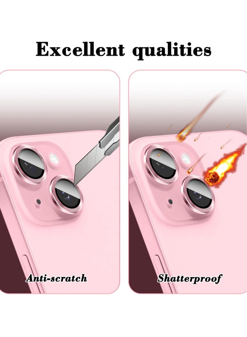 "Pink Diamond Camera Lens Protector for iPhone 16/16 Plus – Bling Tempered Glass Cover with Automatic Alignment Metal Rings and Glitter Film Stickers" - Image 3