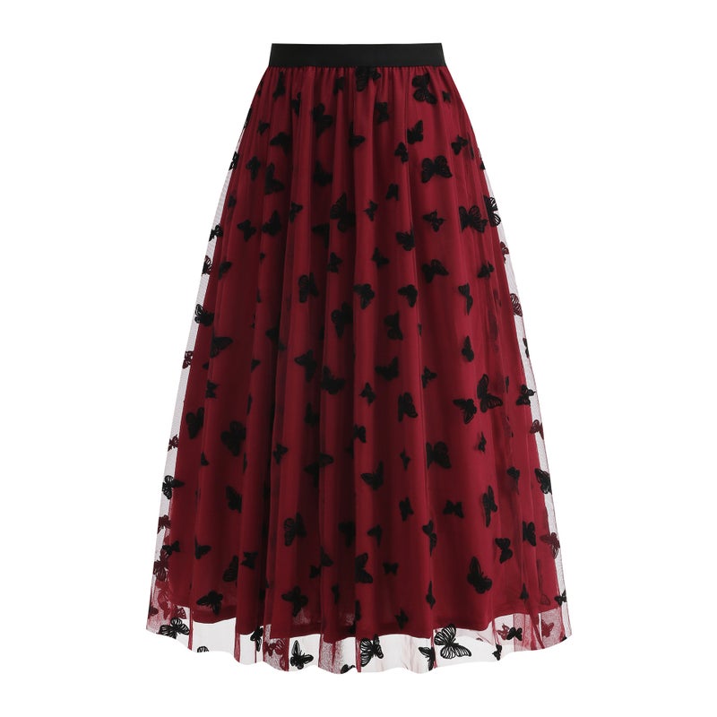 Women's A-line Long Maxi Skirt with Butterfly Embroidery - Image 1