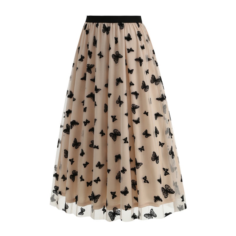 Women's A-line Long Maxi Skirt with Butterfly Embroidery - Image 3