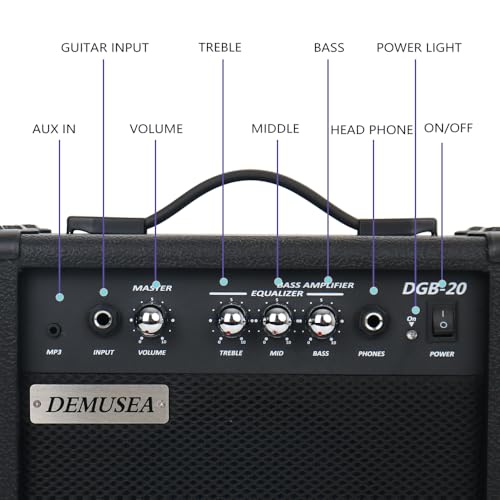 Demusea 20W Electric Bass Amplifier Black Bass Amp Portable Travel Beginner Practice Headphone Jack Aux Treble Middle Bass Mp3 with 3m Noiseless Cable Adapter Picks Aux Cable Earphone - Image 2