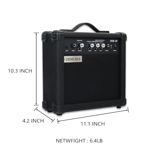 Demusea 20W Electric Bass Amplifier Black Bass Amp Portable Travel Beginner Practice Headphone Jack Aux Treble Middle Bass Mp3 with 3m Noiseless Cable Adapter Picks Aux Cable Earphone - Image 3