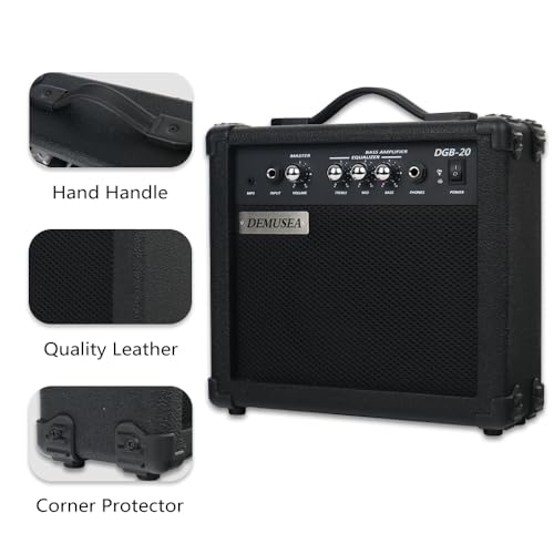 Demusea 20W Electric Bass Amplifier Black Bass Amp Portable Travel Beginner Practice Headphone Jack Aux Treble Middle Bass Mp3 with 3m Noiseless Cable Adapter Picks Aux Cable Earphone - Image 4
