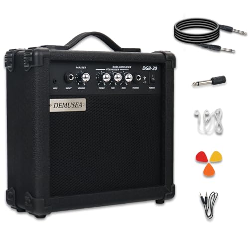 Demusea 20W Electric Bass Amplifier Black Bass Amp Portable Travel Beginner Practice Headphone Jack Aux Treble Middle Bass Mp3 with 3m Noiseless Cable Adapter Picks Aux Cable Earphone - Image 1