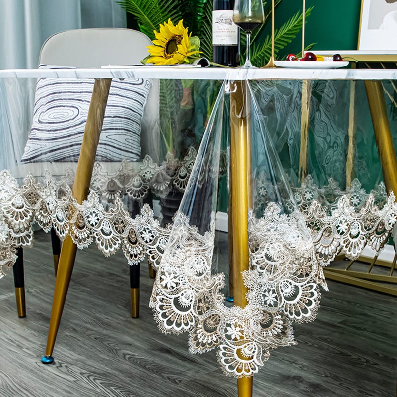Jeloris Plastic Clear Rectangle Tablecloth Vinyl PVC Waterproof Tablecloth Embroidered Lace Edge Transparent Table Cover for Kitchen Dining Coffee Table 60x78 inch Khaki Fan - Image 2