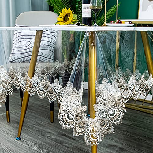 Jeloris Plastic Clear Rectangle Tablecloth Vinyl PVC Waterproof Tablecloth Embroidered Lace Edge Transparent Table Cover for Kitchen Dining Coffee Table 60x78 inch Khaki Fan - Image 1