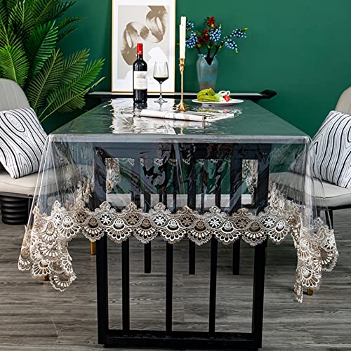 Jeloris Plastic Clear Rectangle Tablecloth Vinyl PVC Waterproof Tablecloth Embroidered Lace Edge Transparent Table Cover for Kitchen Dining Coffee Table 60x78 inch Khaki Fan - Image 3