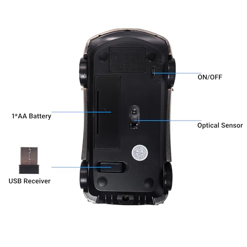 elec Space Wireless Mouse 2.4GHz Cool Sport Car Shape Wireless Mouse Optical Cordless Mice with USB Receiver for PC Laptop Computer 1600 DPI 3 Buttons Gold - Image 5