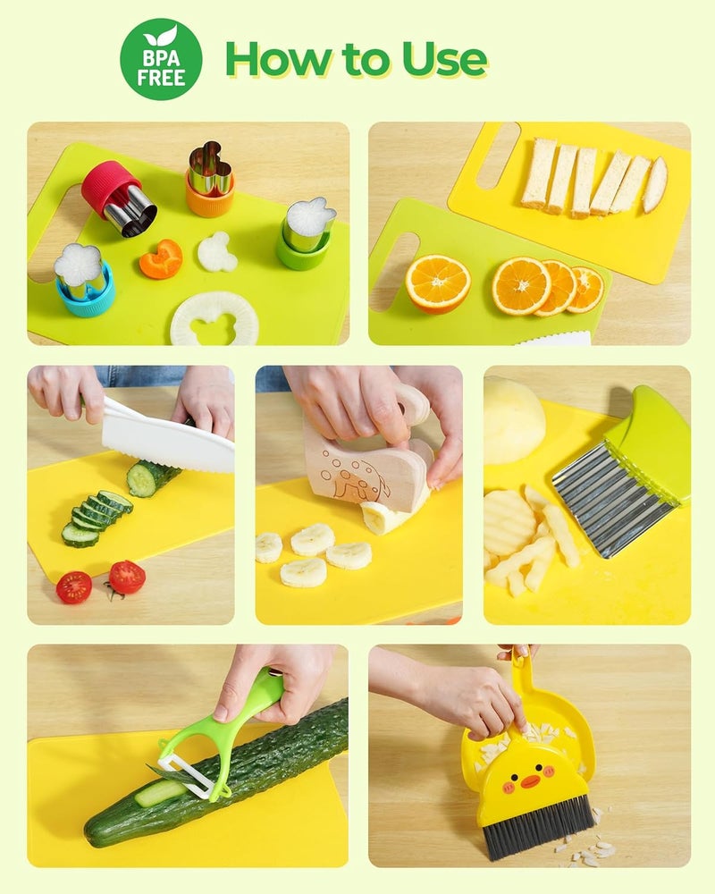 melican Kids Kitchen Knife Set, 15 Pcs BPA Free Montessori Kitchen Tools for Toddlers' Real Cooking, Include Knives, Crinkle and Sandwich Cutters, Peeler, Cutting Boards, Cleaning Tools for 3+ Birthday Gift - Image 2