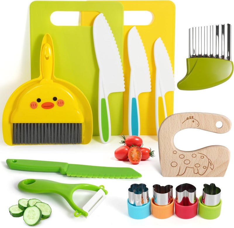 melican Kids Kitchen Knife Set, 15 Pcs BPA Free Montessori Kitchen Tools for Toddlers' Real Cooking, Include Knives, Crinkle and Sandwich Cutters, Peeler, Cutting Boards, Cleaning Tools for 3+ Birthday Gift - Image 1