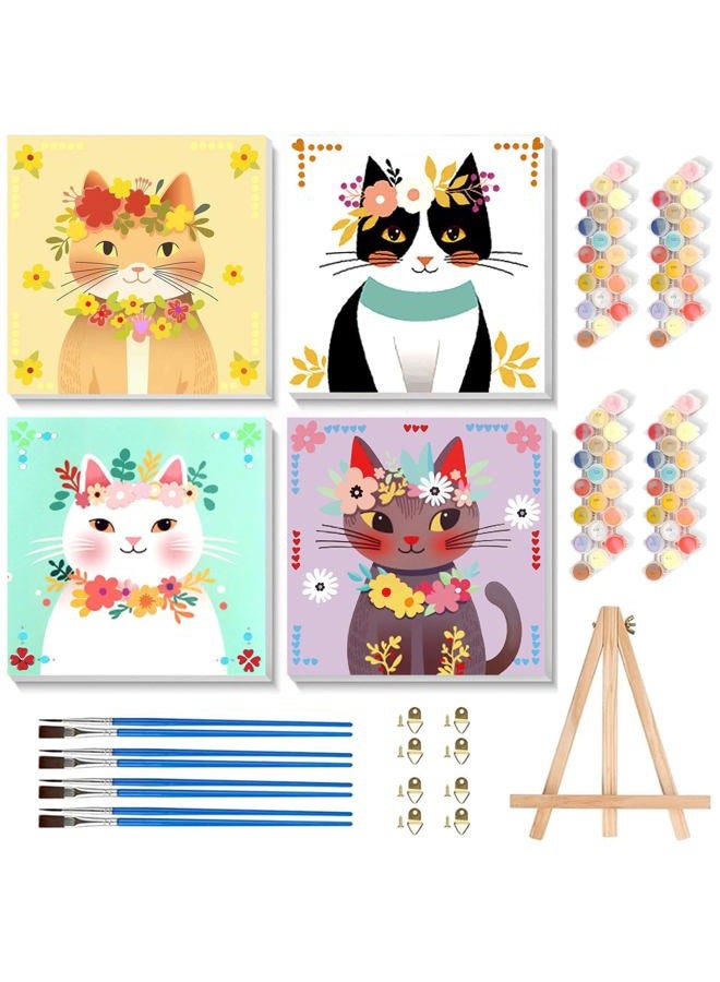xackcme 4 Pack Cat Paint by Number for Kids with Wooden Frame, Paint by Numbers for Kids Cats Ages 4-8-12, Easy Cat DIY Acrylic Oil Painting Kits for Home Wall Decor (8X8 inch) - Image 1