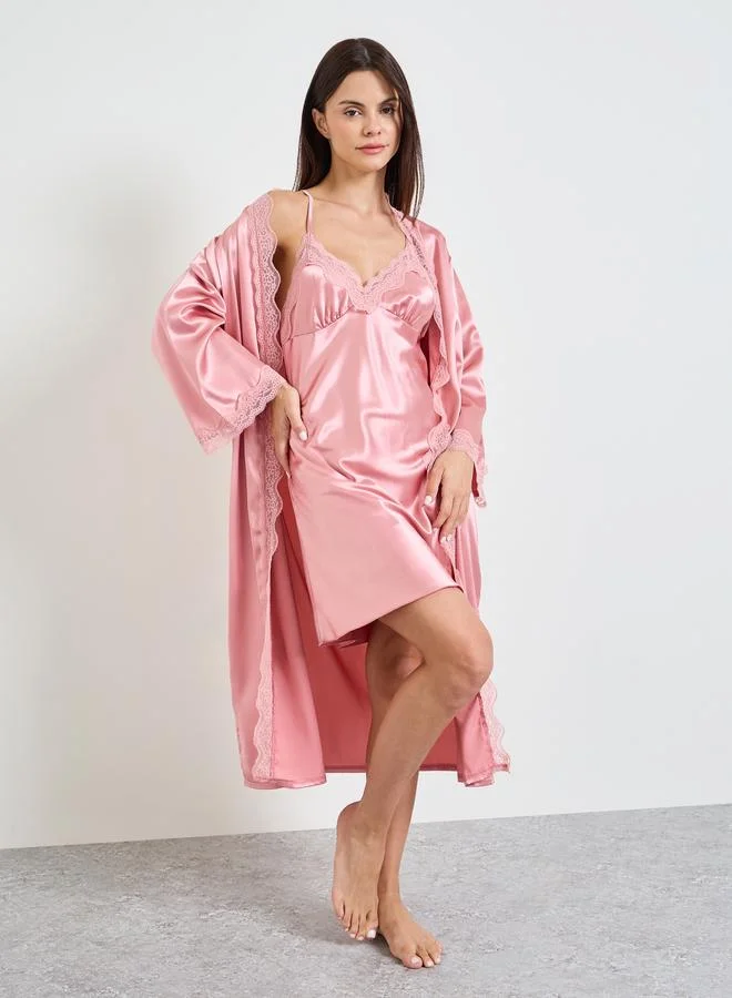 Take Two Pink Lace Detail Satin Robe and Slip Set