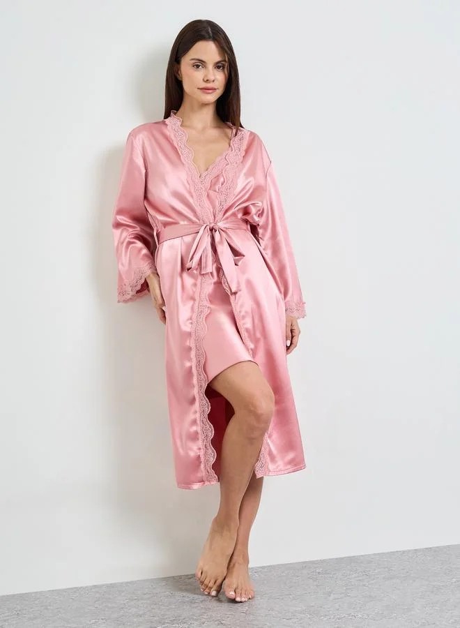 Take Two Pink Lace Detail Satin Robe and Slip Set