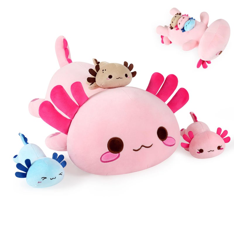 Onsoyours Axolotl Stuffed Animal Mommy 19.7" with 3 Baby Axolotl Plushies in Tummy, 4 Piece of Cute Axolotl Plush Pillow Toys for Kids Girls Boys (Pink Axolotl Family) - Image 1