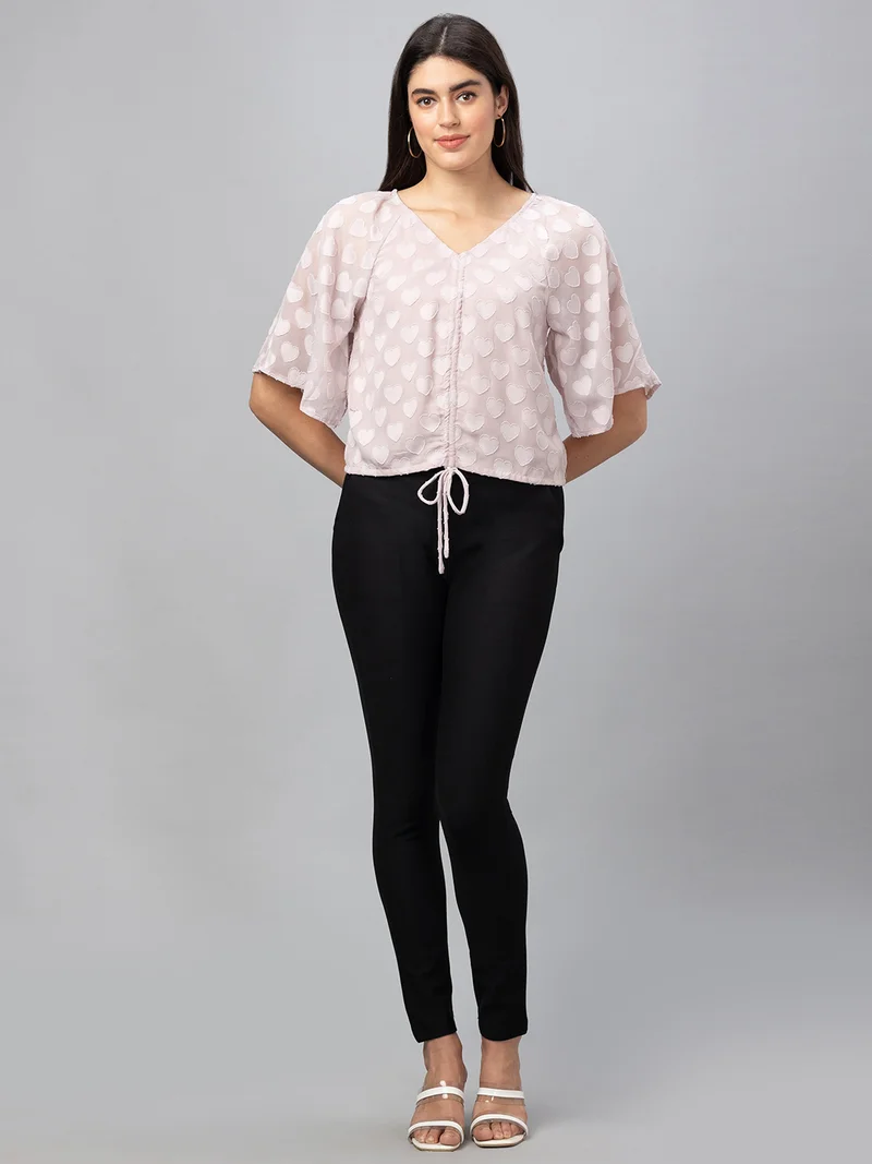 globus Women Peach Self Design V-Neck Crop Top