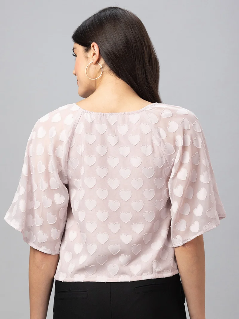 globus Women Peach Self Design V-Neck Crop Top