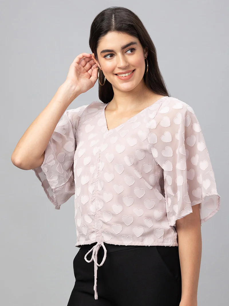 globus Women Peach Self Design V-Neck Crop Top