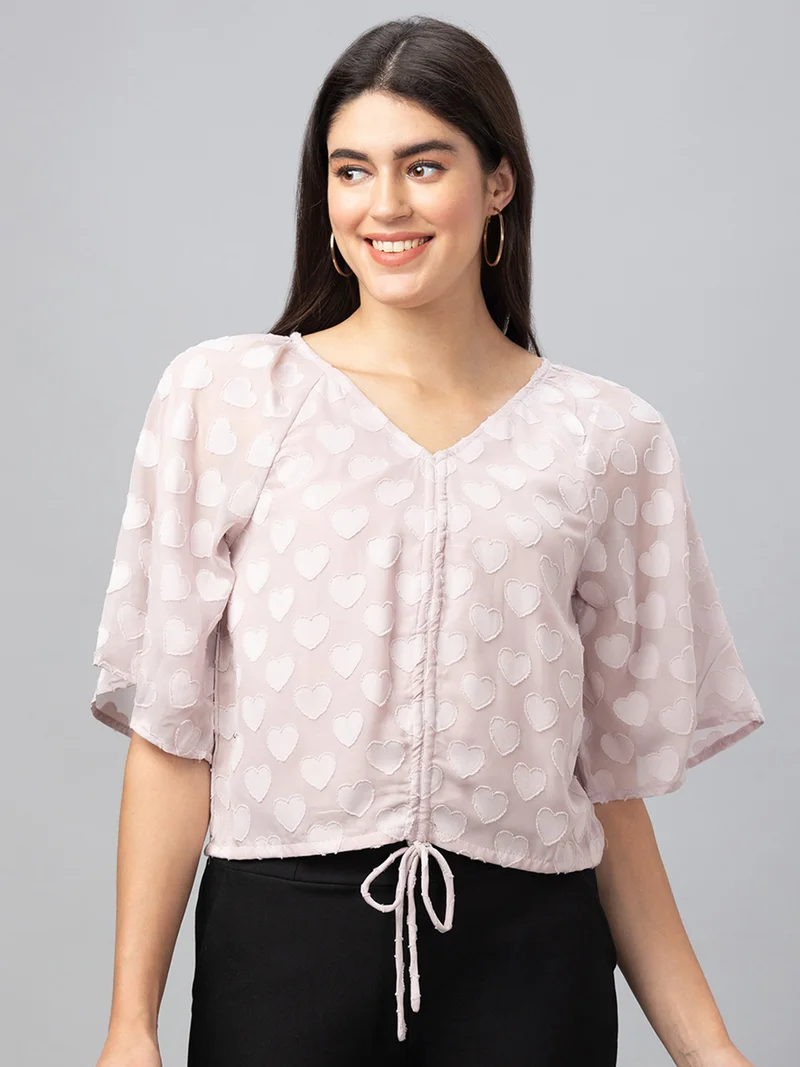 globus Women Peach Self Design V-Neck Crop Top