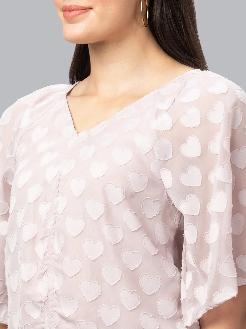 globus Women Peach Self Design V-Neck Crop Top