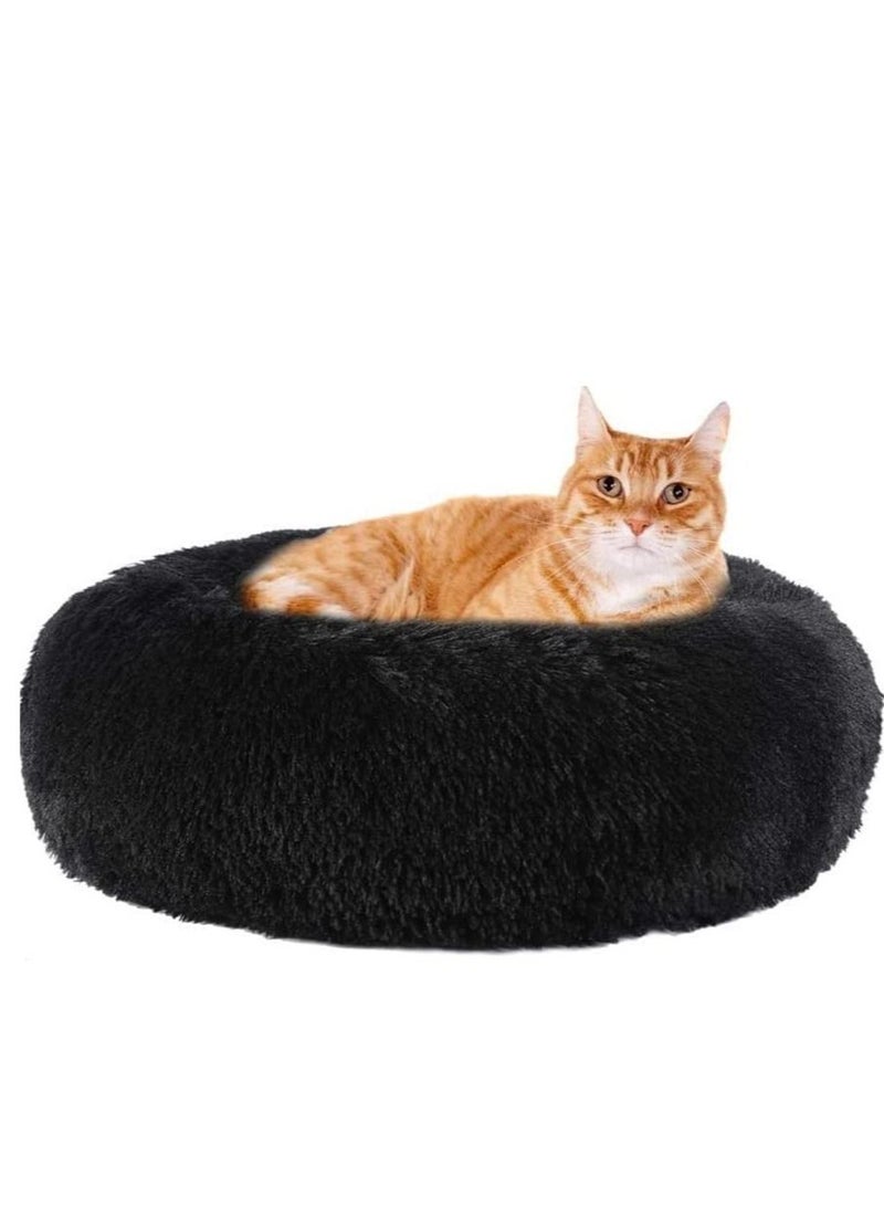 Fluffy Donut Style Soft Plush Machine Washable Self Calming Worming Cuddle Anti-Slip Base Circle Bed For Cats Puppies And Small Dogs Bed Black - Image 1