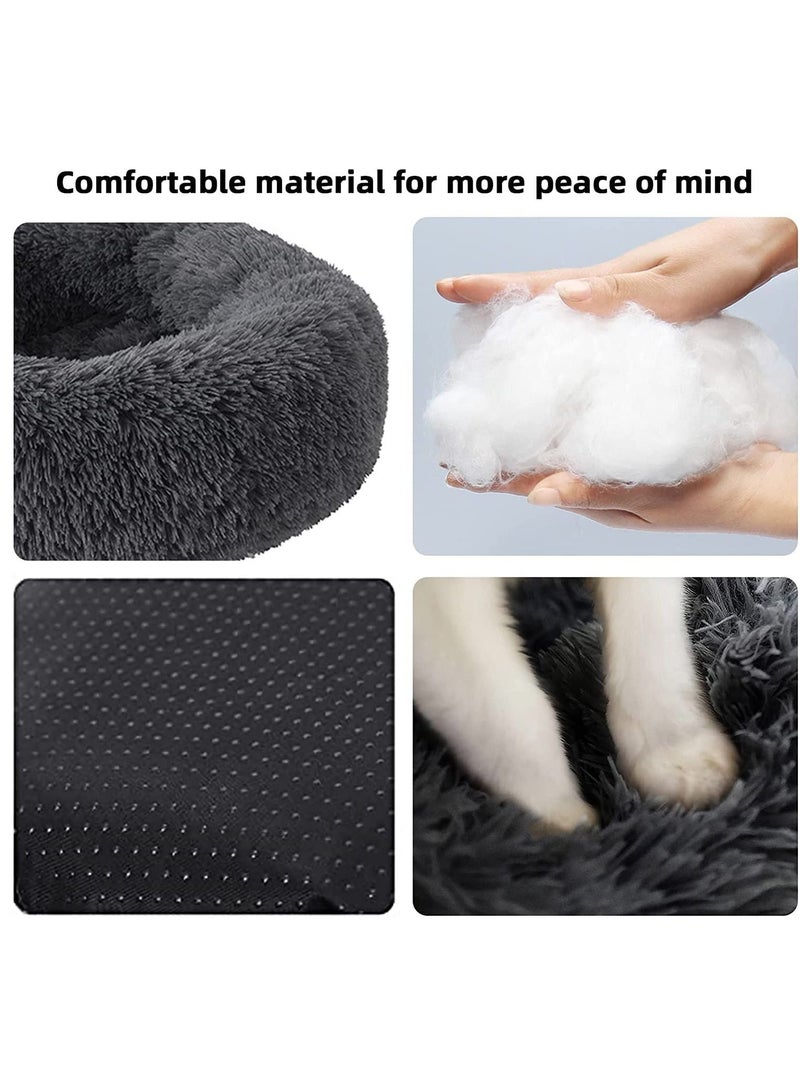 Fluffy Donut Style Soft Plush Machine Washable Self Calming Worming Cuddle Anti-Slip Base Circle Bed For Cats Puppies And Small Dogs Bed Black - Image 3