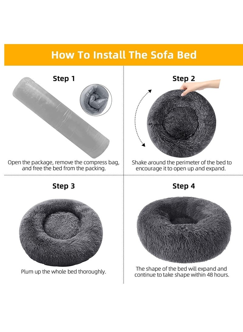 Fluffy Donut Style Soft Plush Machine Washable Self Calming Worming Cuddle Anti-Slip Base Circle Bed For Cats Puppies And Small Dogs Bed Black - Image 2