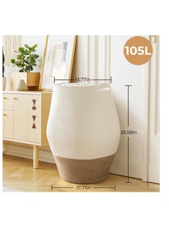 Goodpick Goodpick Large Laundry Hamper | Tall Wicker Hamper Laundry Basket, Soft Cotton Rope Woven Hamper, Farmhouse Design Graceful Curve Basket 25.6 Inches Height  - Image 3