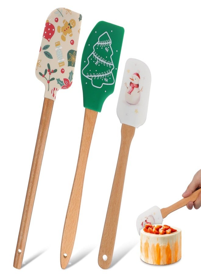 JECOMPRIS 3Pcs Christmas Silicone Spatula: Cake Spatula with Wooden Handle for Holiday - Xtmas Kitchen Utensils for Cooking Baking Cookie Mixing Stir Butter Cream - Image 1