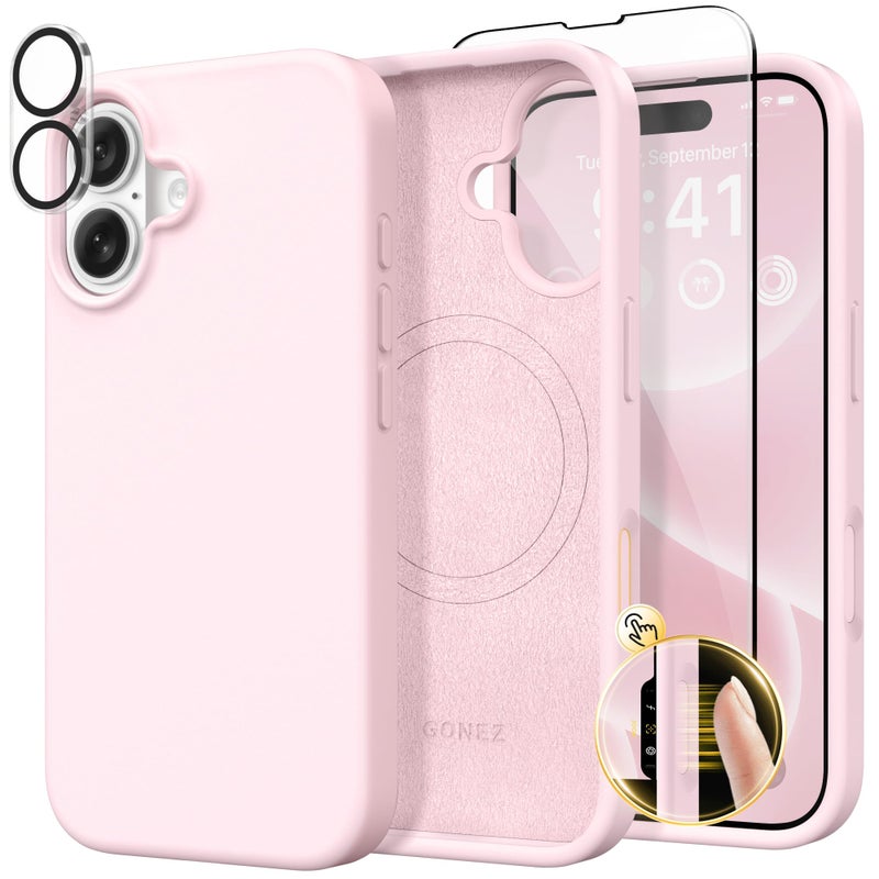 GONEZ Magnetic for iPhone 16 Case, Compatible with MagSafe, [Screen Protector + Camera Lens Protector], Liquid Silicone Shockproof Protective Phone Case for iPhone 16 6.1", Chalk Pink - Image 1